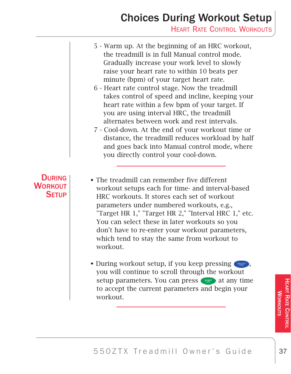 Choices during workout setup | True Fitness 550ZTX User Manual | Page 41 / 103