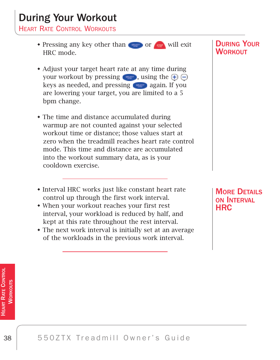 During your workout | True Fitness 550ZTX User Manual | Page 42 / 103