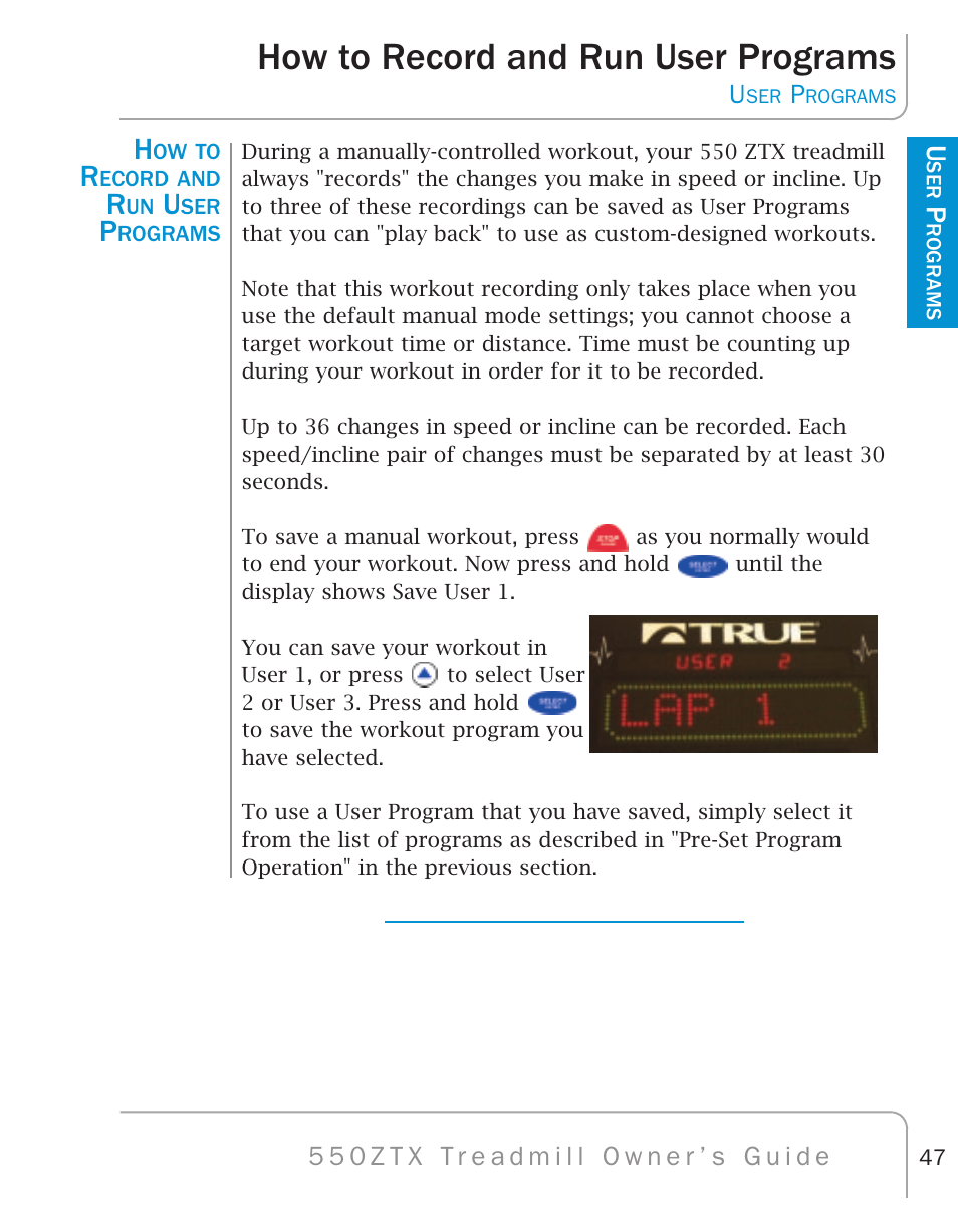 How to record and run user programs | True Fitness 550ZTX User Manual | Page 51 / 103