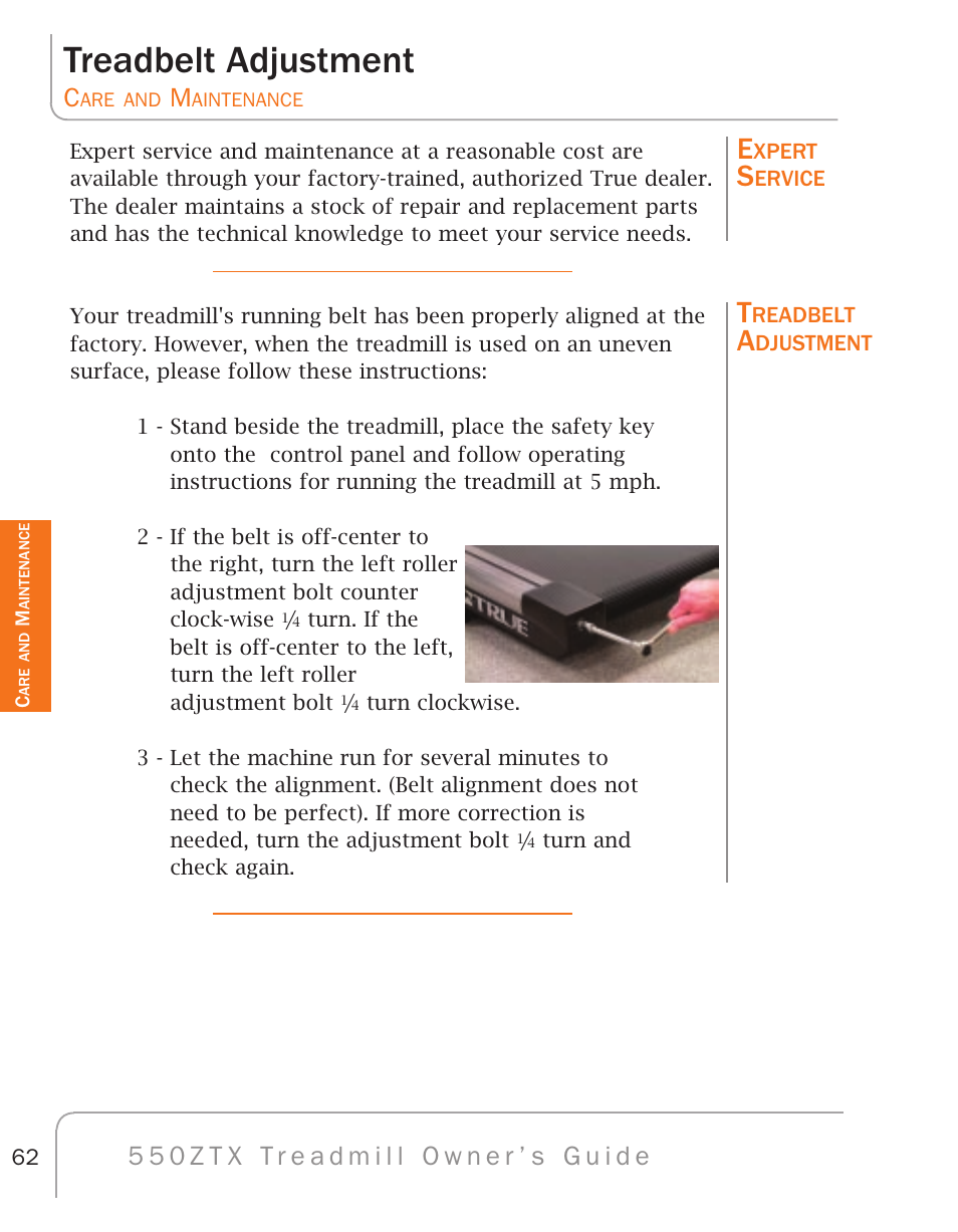 Treadbelt adjustment | True Fitness 550ZTX User Manual | Page 66 / 103