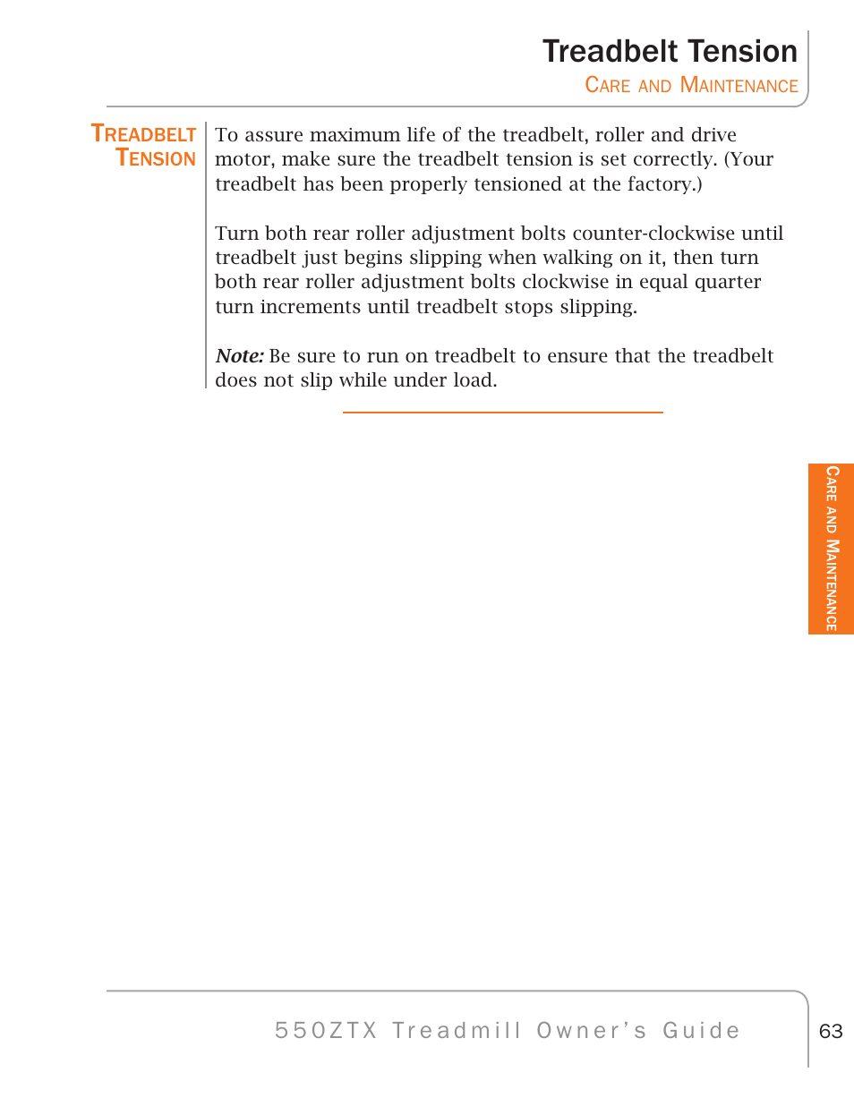 Treadbelt tension | True Fitness 550ZTX User Manual | Page 67 / 103