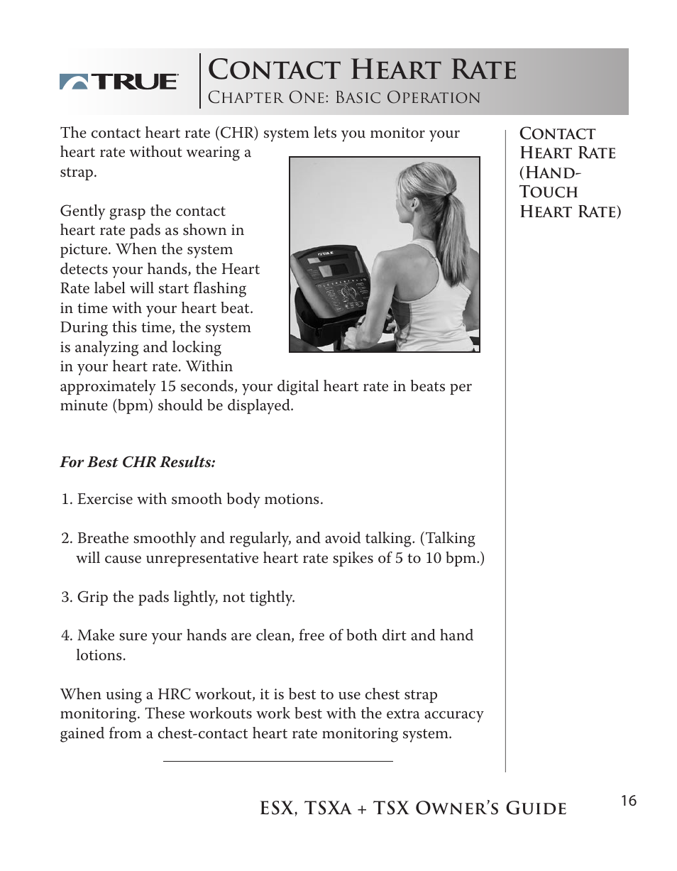 Contact heart rate | True Fitness TSX User Manual | Page 16 / 47
