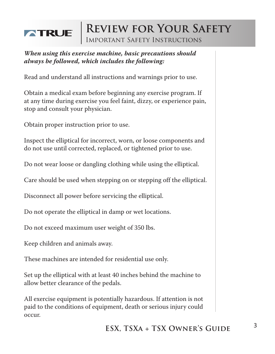 Review for your safety | True Fitness TSX User Manual | Page 3 / 47