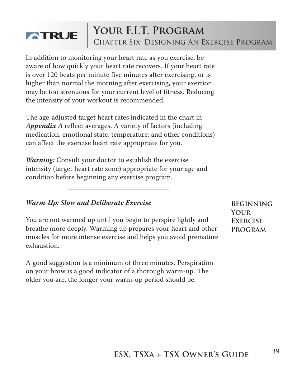 Using the f.i.t. concept, Your f.i.t. program | True Fitness TSX User Manual | Page 39 / 47