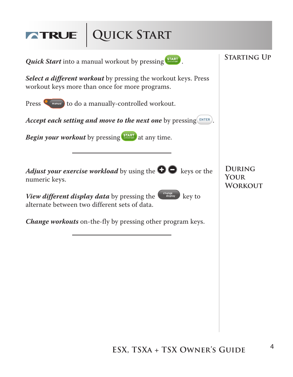Quick start | True Fitness TSX User Manual | Page 4 / 47