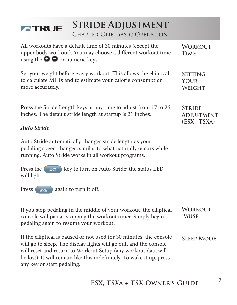 Stride adjustment | True Fitness TSX User Manual | Page 7 / 47