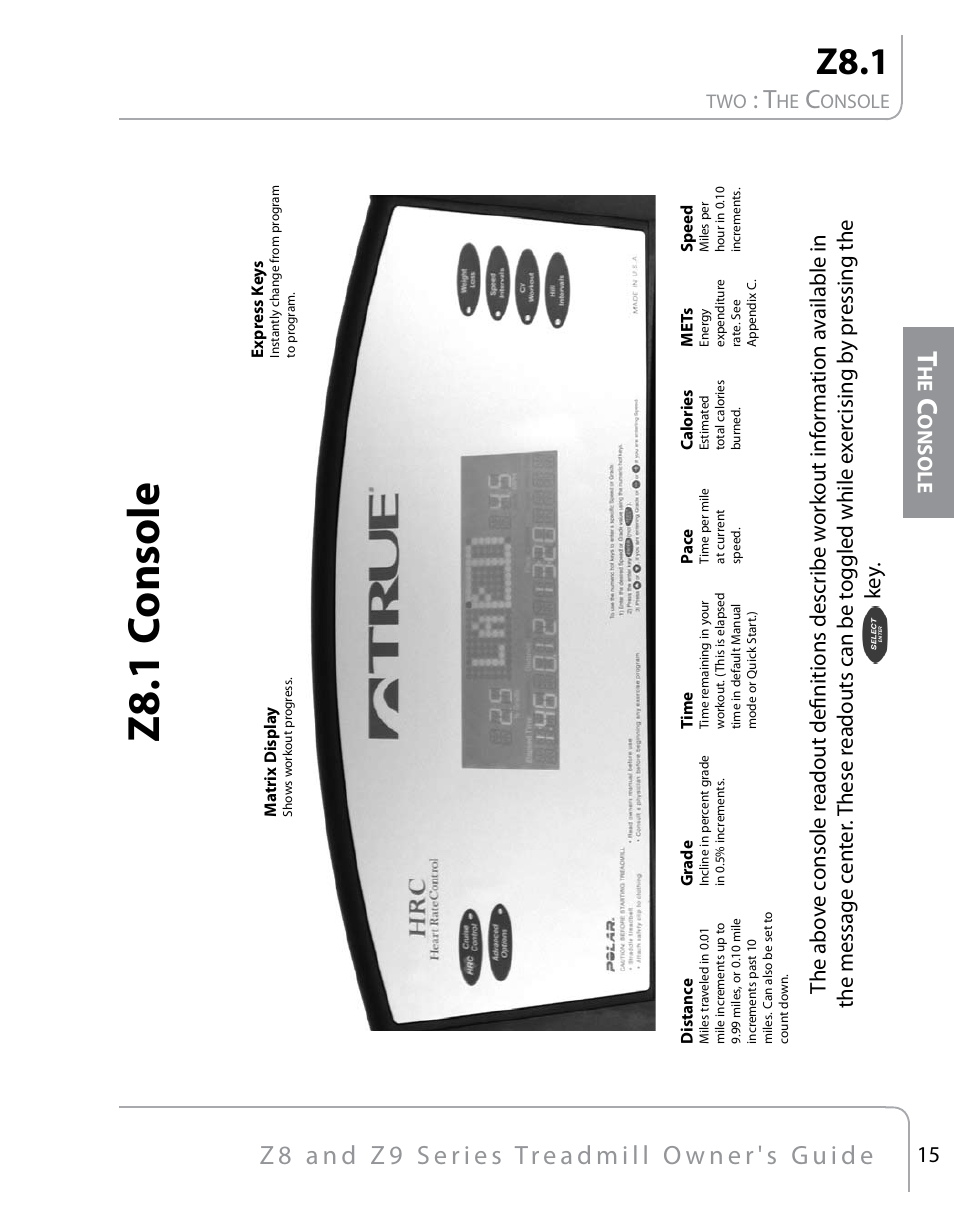 Z8.1 c onsole, Z8.1, Onsole | True Fitness Z9 User Manual | Page 17 / 110