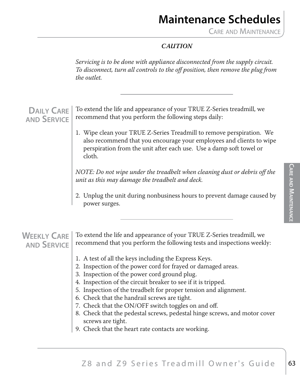 Maintenance schedules | True Fitness Z9 User Manual | Page 65 / 110