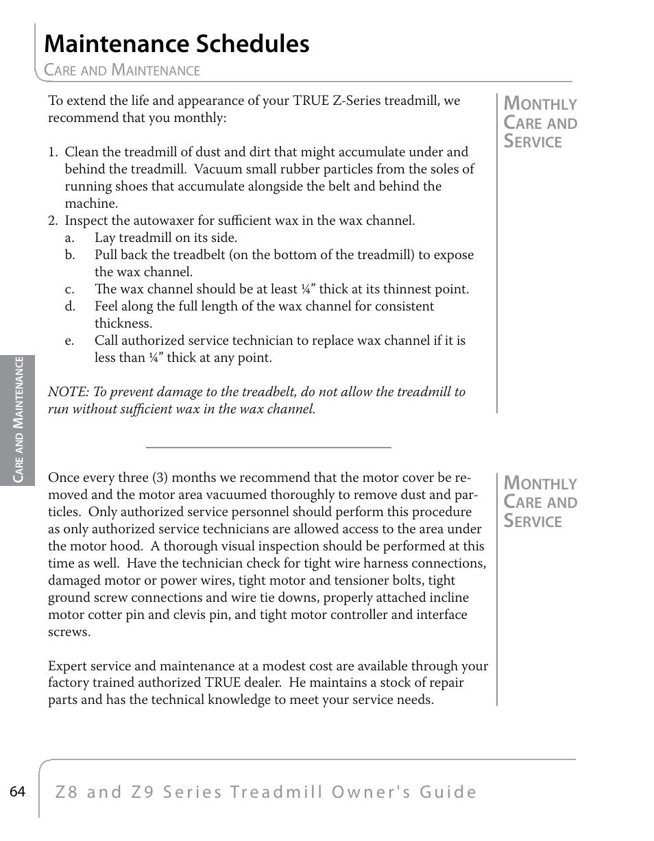 Maintenance schedules | True Fitness Z9 User Manual | Page 66 / 110
