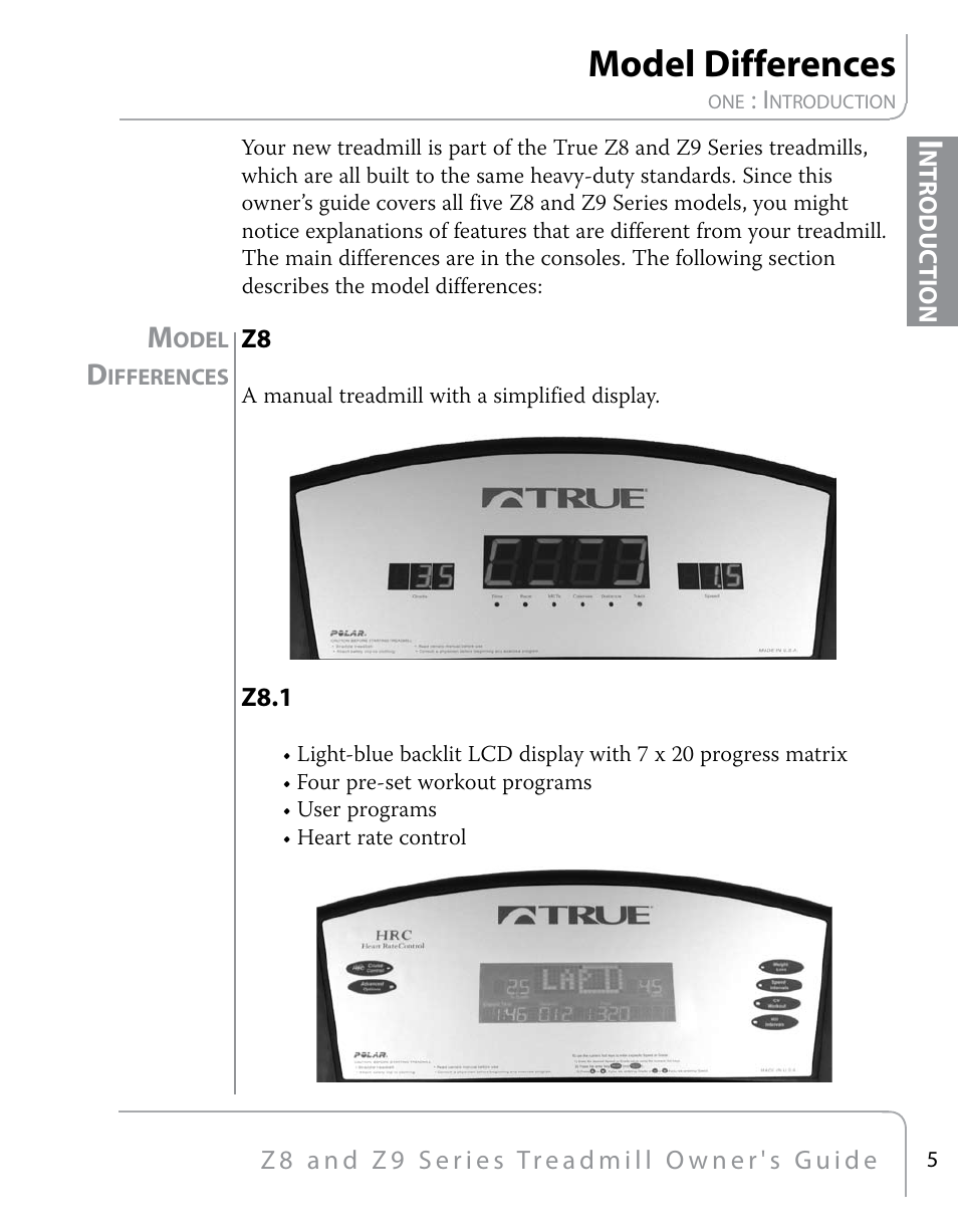 Model differences | True Fitness Z9 User Manual | Page 7 / 110