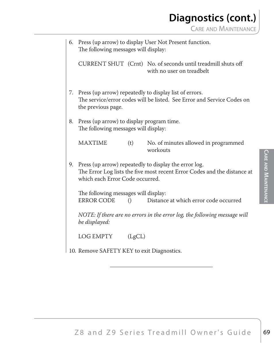 Diagnostics (cont.) | True Fitness Z9 User Manual | Page 71 / 110