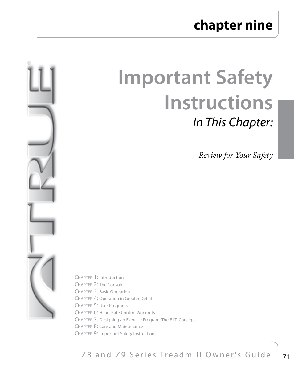 Important safety instructions, Chapter nine, Review for your safety | True Fitness Z9 User Manual | Page 73 / 110