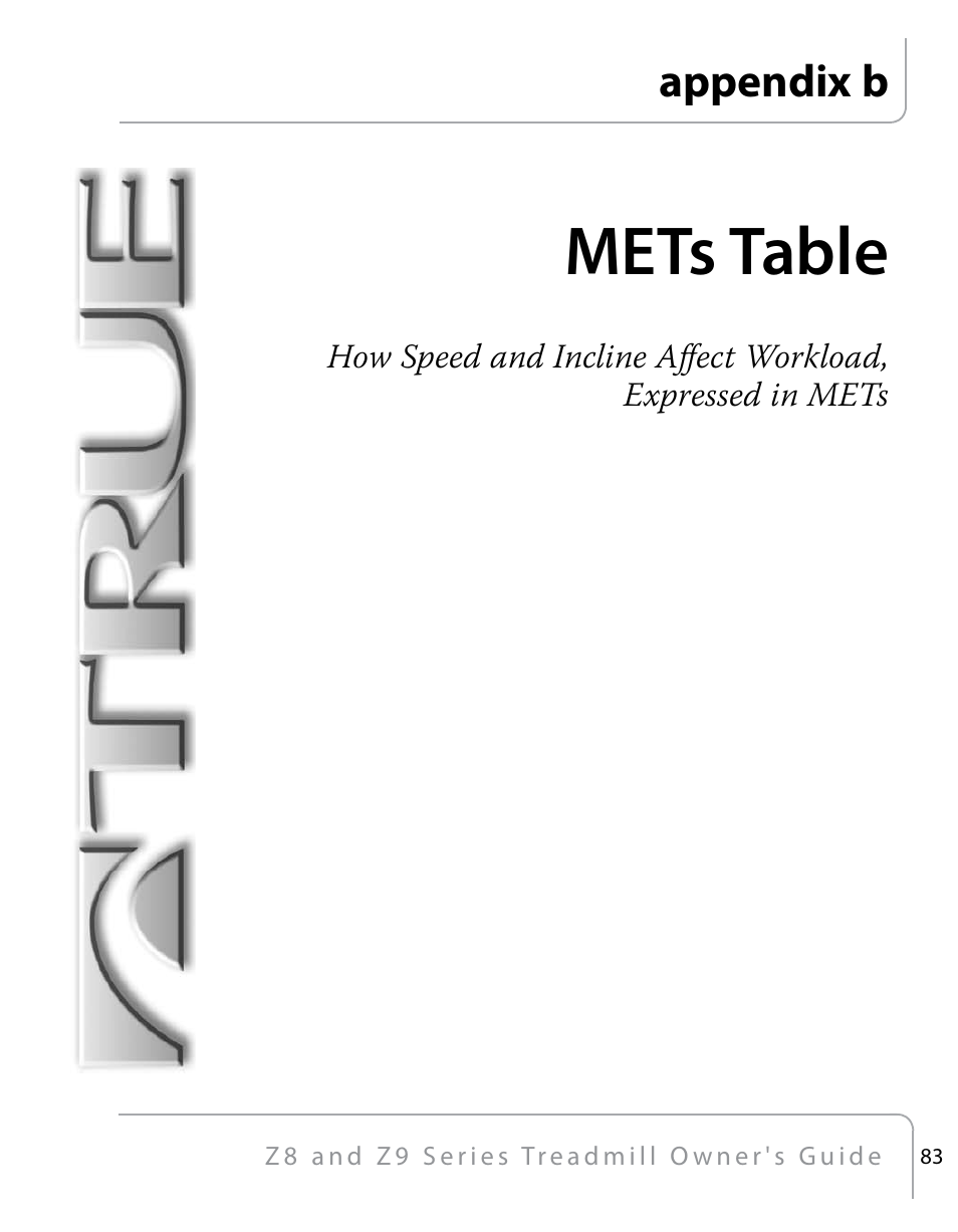 Mets table, Appendix b | True Fitness Z9 User Manual | Page 85 / 110