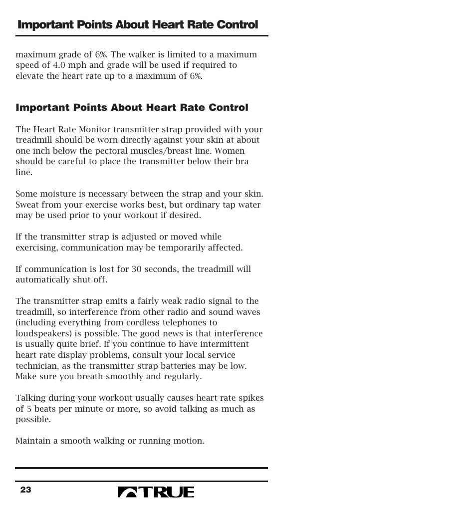 Important points about heart rate control | True Fitness 400 Series User Manual | Page 26 / 41