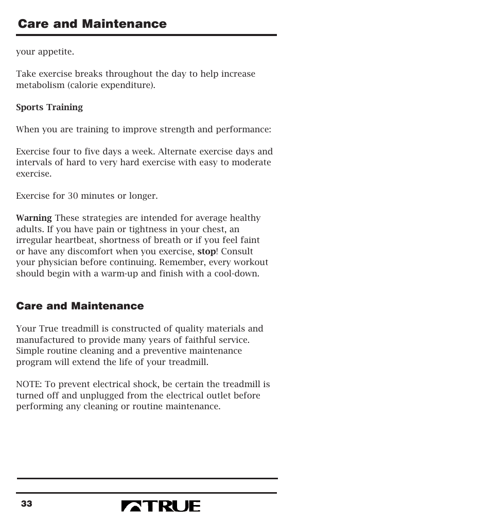 Care and maintenance | True Fitness 400 Series User Manual | Page 36 / 41