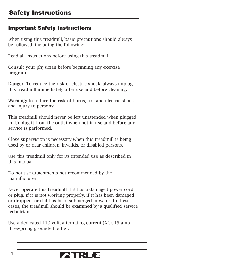 Safety instructions | True Fitness 400 Series User Manual | Page 4 / 41