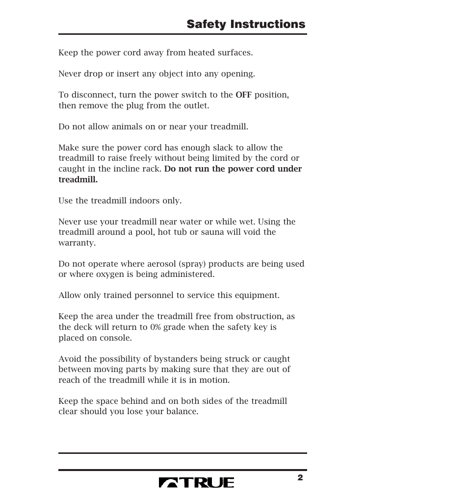 Safety instructions | True Fitness 400 Series User Manual | Page 5 / 41