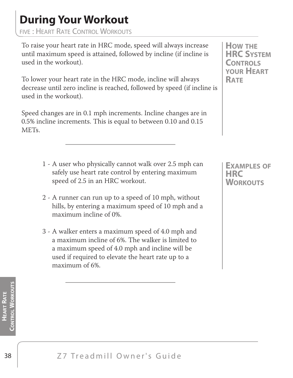 During your workout, Hrc s, Hrc w | True Fitness Z7 Series User Manual | Page 28 / 75