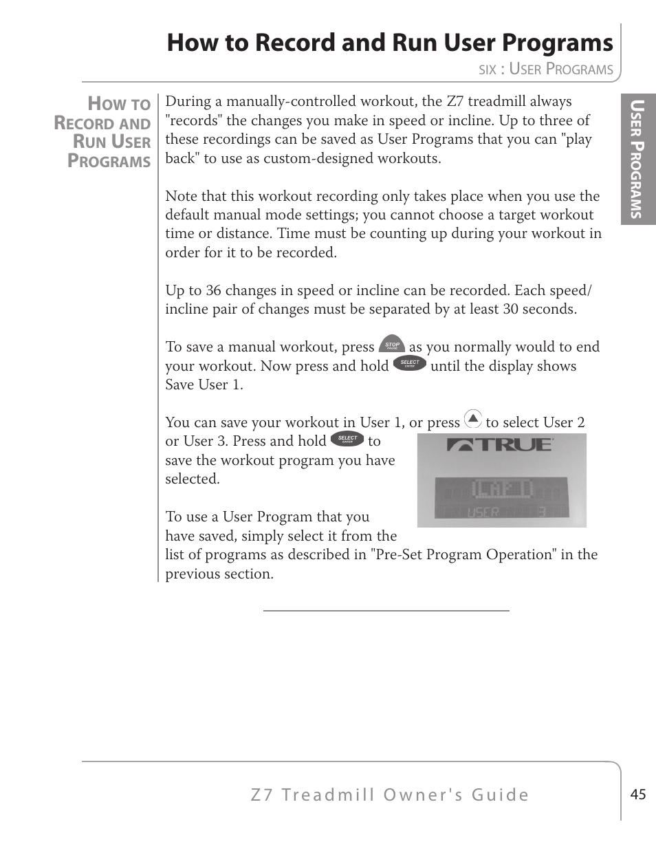 How to record and run user programs | True Fitness Z7 Series User Manual | Page 33 / 75