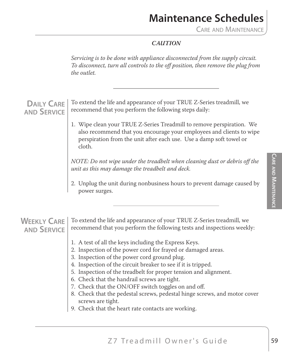 Maintenance schedules | True Fitness Z7 Series User Manual | Page 43 / 75