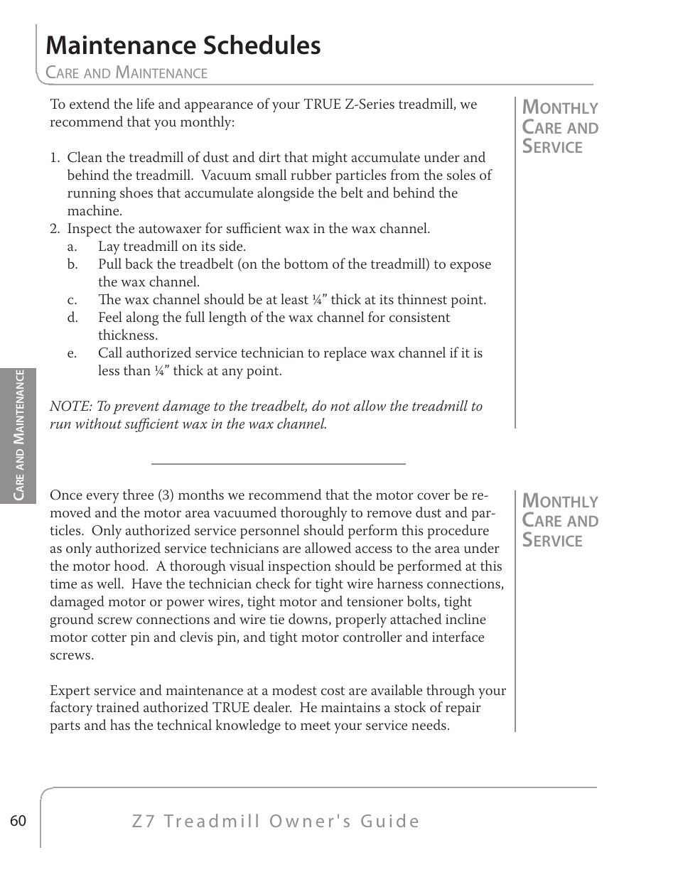 Maintenance schedules | True Fitness Z7 Series User Manual | Page 44 / 75