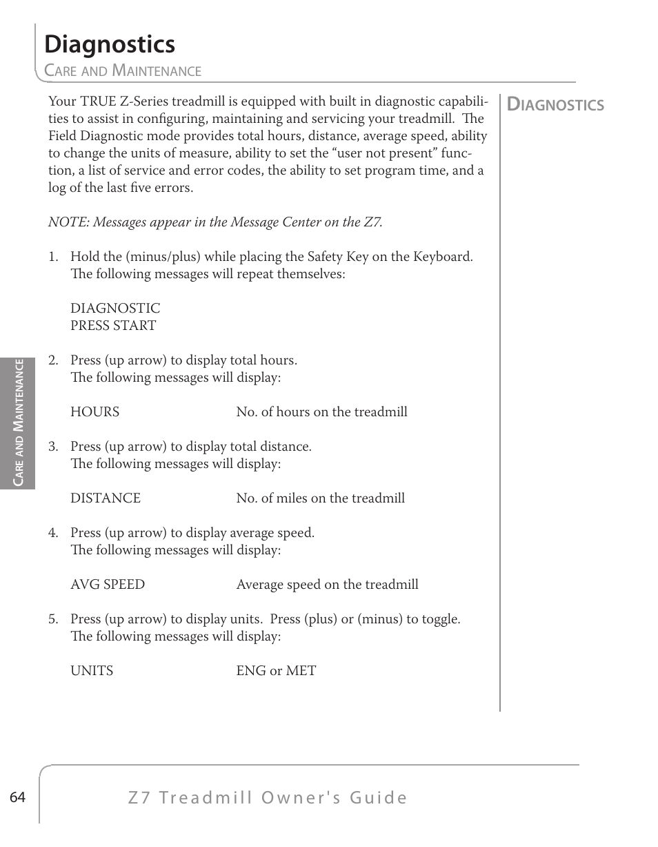 Diagnostics | True Fitness Z7 Series User Manual | Page 48 / 75