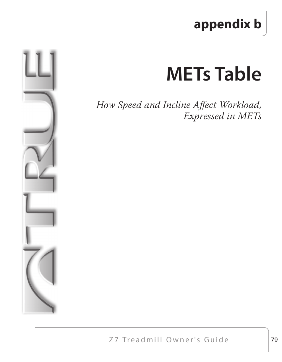 Mets table, Appendix b | True Fitness Z7 Series User Manual | Page 58 / 75