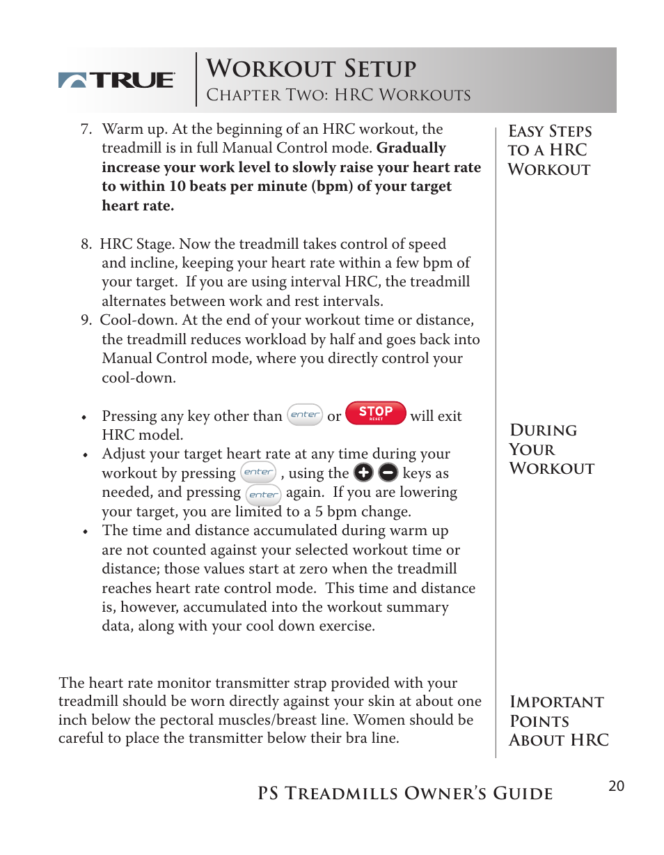 Workout setup | True Fitness PS100 User Manual | Page 20 / 40