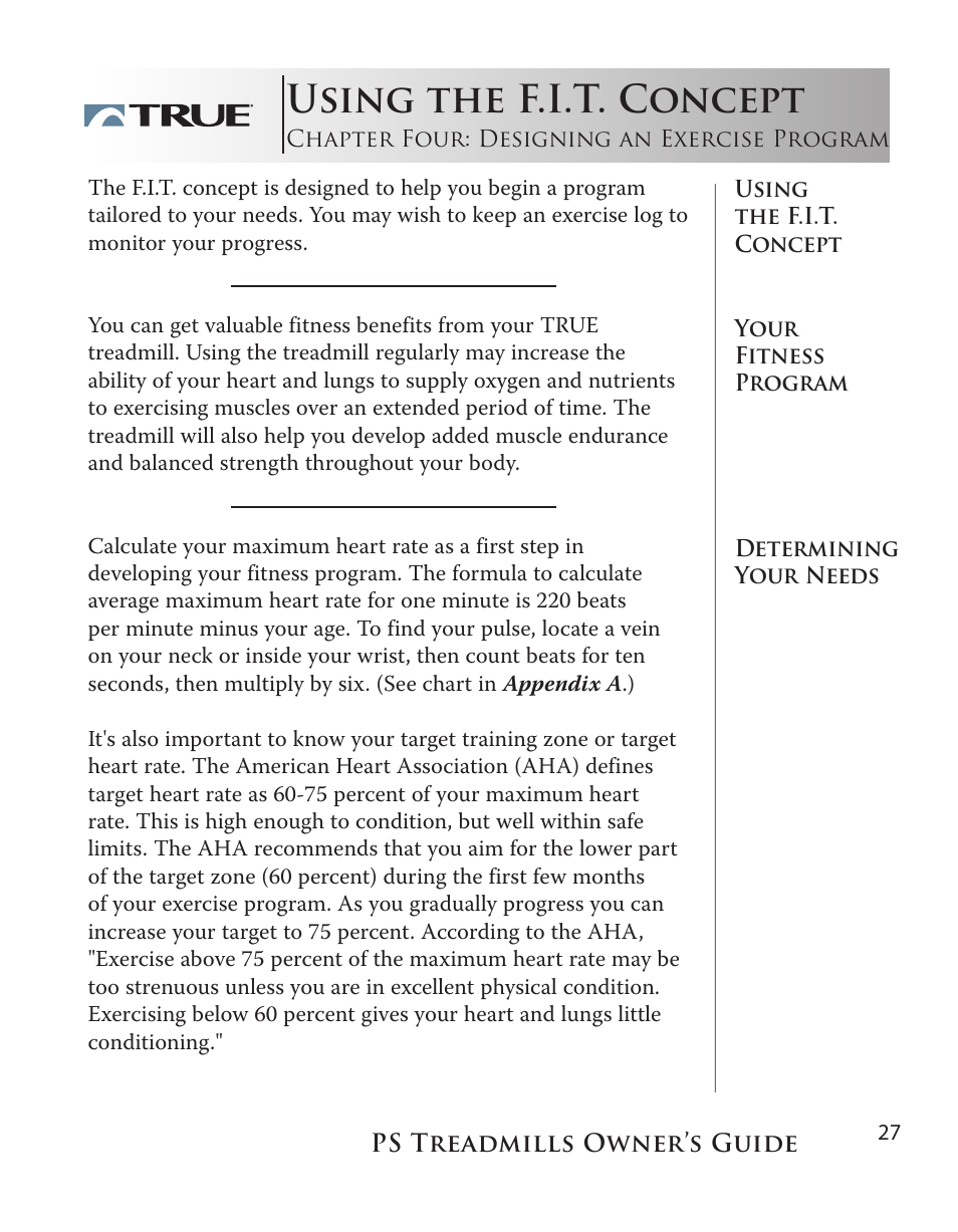 Using the f.i.t. concept | True Fitness PS100 User Manual | Page 27 / 40