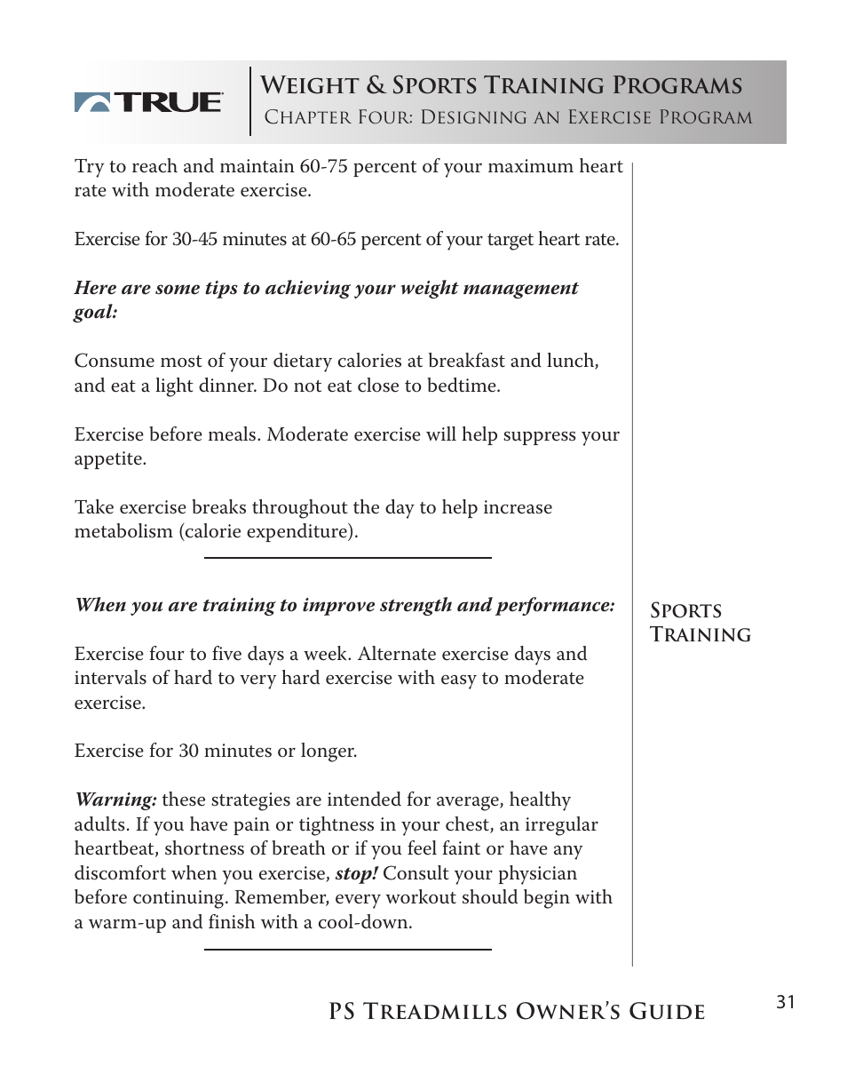 Weight & sports training programs | True Fitness PS100 User Manual | Page 31 / 40