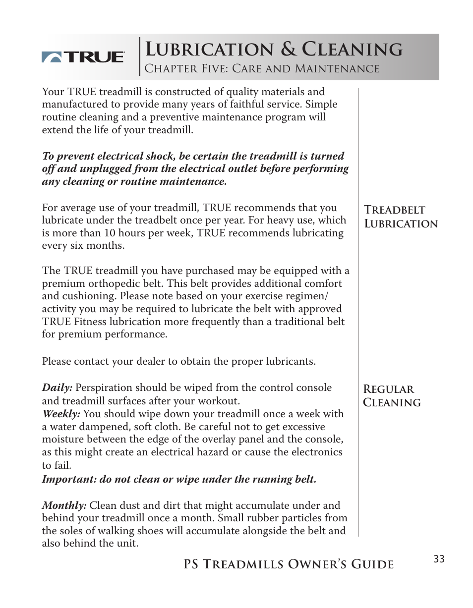 Lubrication & cleaning | True Fitness PS100 User Manual | Page 33 / 40