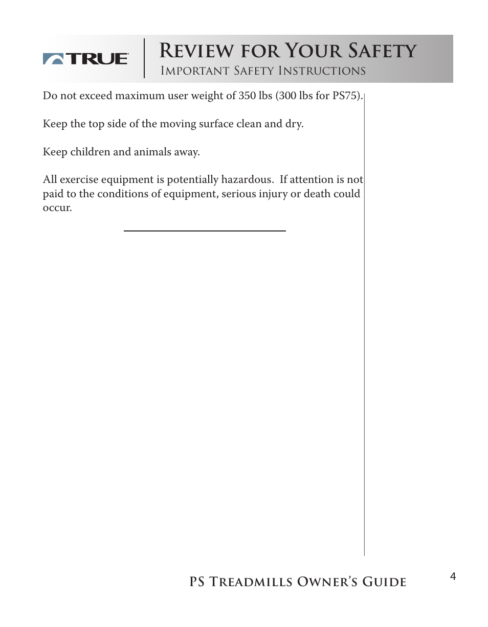 Review for your safety | True Fitness PS100 User Manual | Page 4 / 40