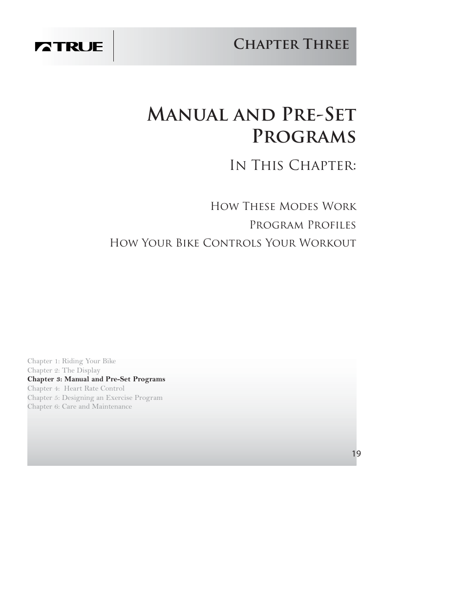 Manual and pre-set programs, Chapter three | True Fitness PS50 User Manual | Page 17 / 41