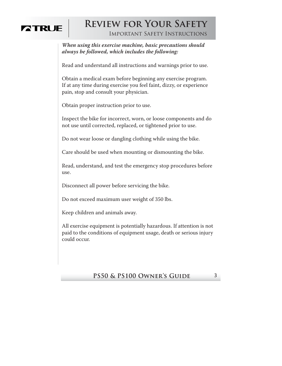 Review for your safety | True Fitness PS50 User Manual | Page 3 / 41