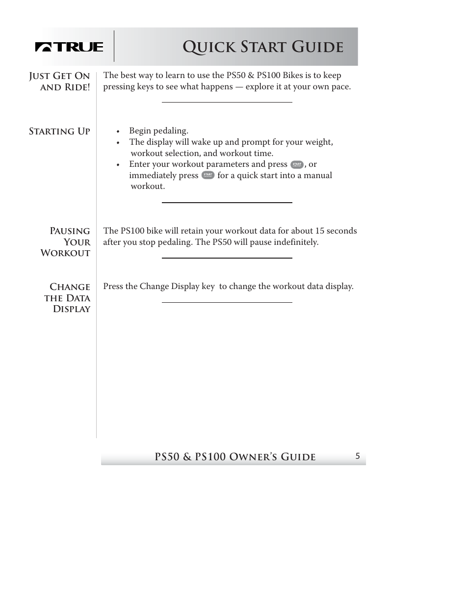 Quick start guide | True Fitness PS50 User Manual | Page 4 / 41