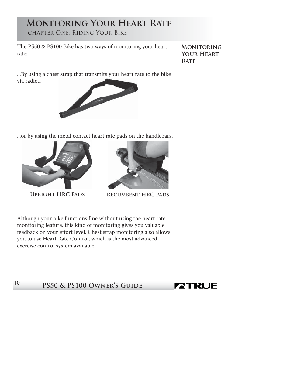 Using the chest strap, Monitoring your heart rate | True Fitness PS50 User Manual | Page 9 / 41