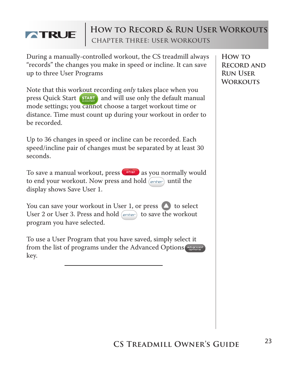 How to record & run user workouts | True Fitness Cs5.0 User Manual | Page 23 / 59