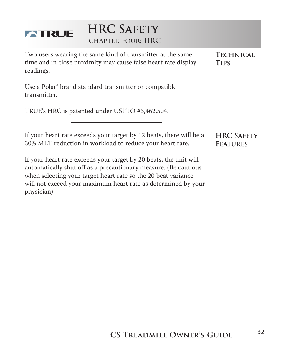 Hrc safety | True Fitness Cs5.0 User Manual | Page 32 / 59