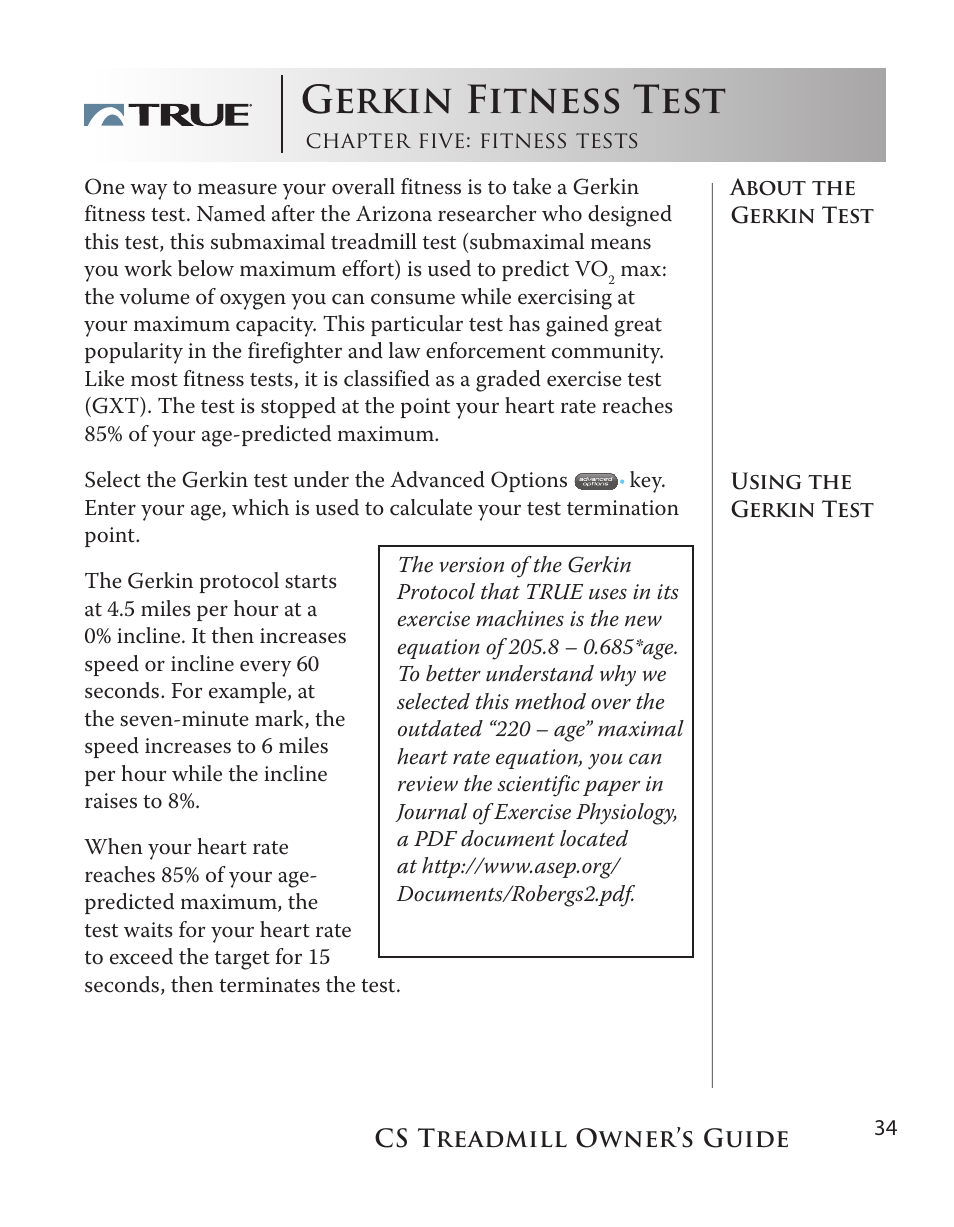 Gerkin fitness test | True Fitness Cs5.0 User Manual | Page 34 / 59