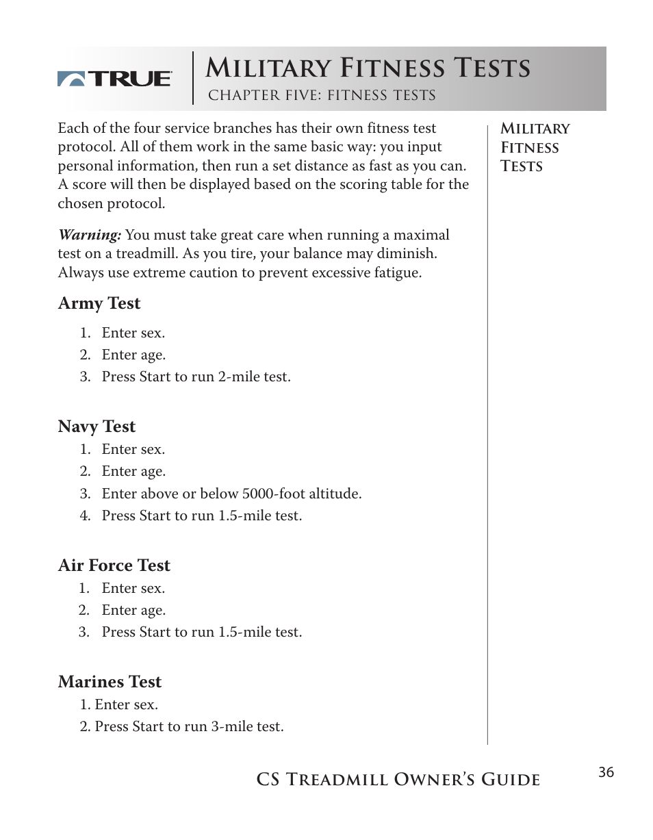 Military fitness tests | True Fitness Cs5.0 User Manual | Page 36 / 59