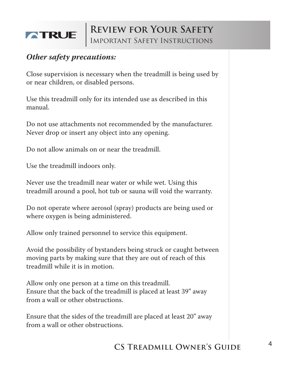 Review for your safety, Other safety precautions | True Fitness Cs5.0 User Manual | Page 4 / 59