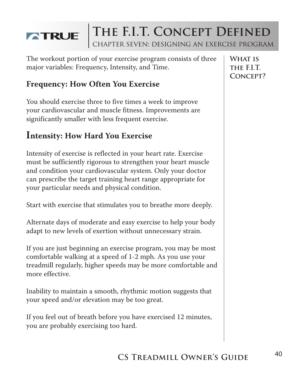 The f.i.t. concept defined | True Fitness Cs5.0 User Manual | Page 40 / 59