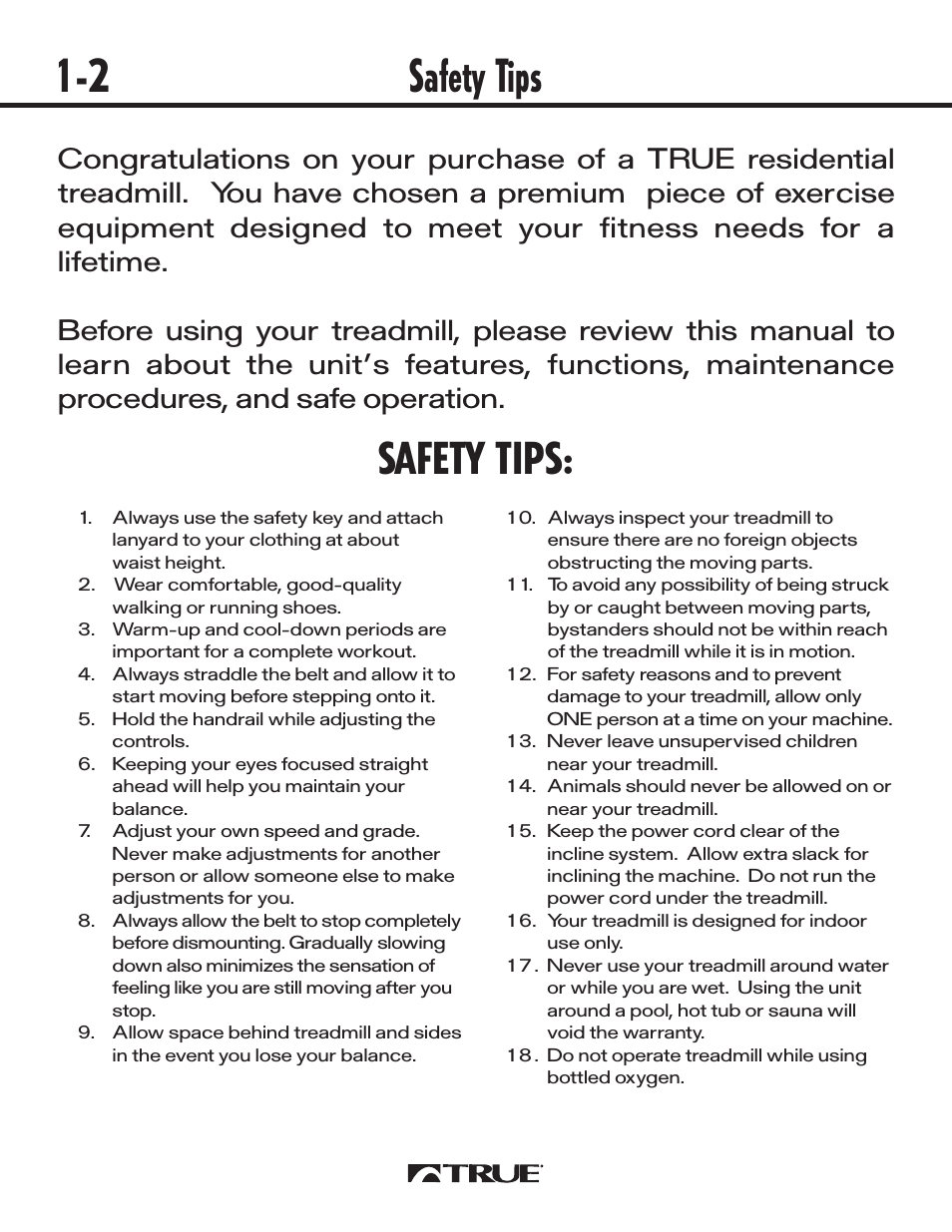 Safety tips 1-2, Safety tips | True Fitness 540 User Manual | Page 2 / 36