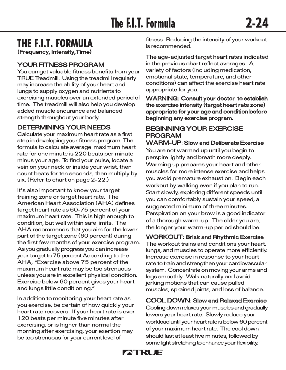 The f.i.t. formula 2-24, The f.i.t. formula | True Fitness 540 User Manual | Page 29 / 36