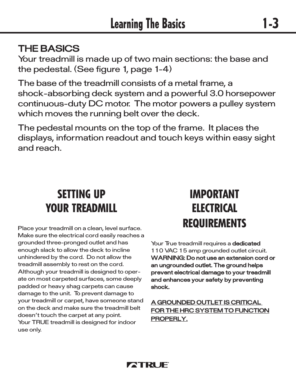 Learning the basics 1-3, Setting up your treadmill, Important electrical requirements | Tth he e b ba as siic cs s | True Fitness 540 User Manual | Page 3 / 36