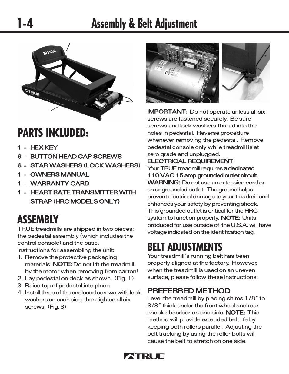 Assembly & belt adjustment 1-4, Parts included, Assembly | Belt adjustments, Ppr re ef fe er rr re ed d m me et th ho od d | True Fitness 540 User Manual | Page 4 / 36