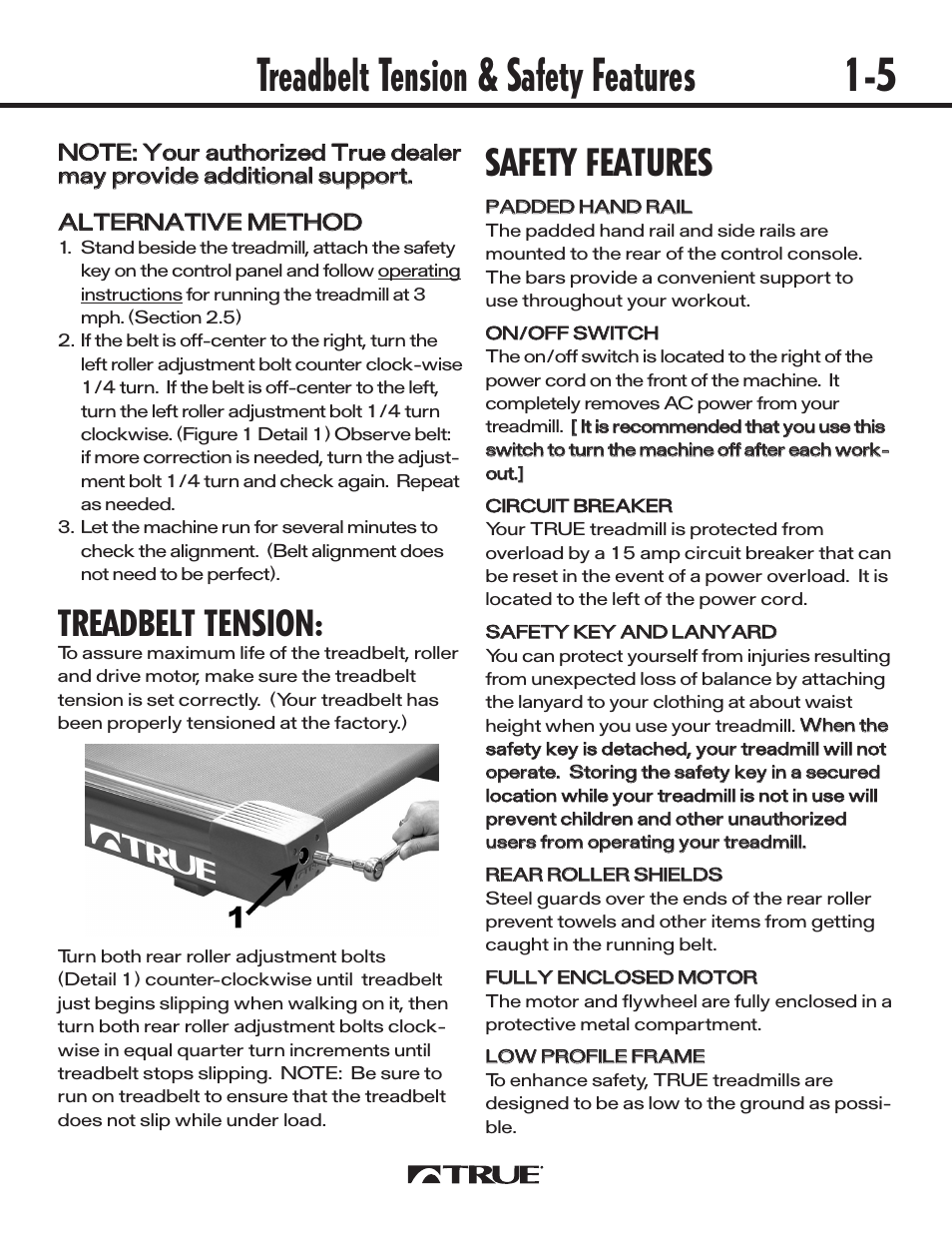 Treadbelt tension & safety features 1-5, Safety features, Treadbelt tension | True Fitness 540 User Manual | Page 5 / 36