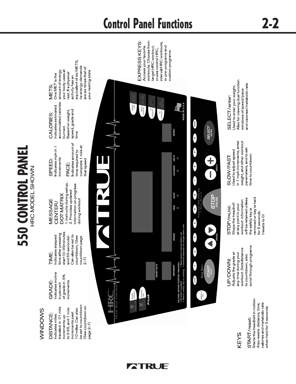 Control panel functions 2-2, 550 control p anel | True Fitness 540 User Manual | Page 7 / 36