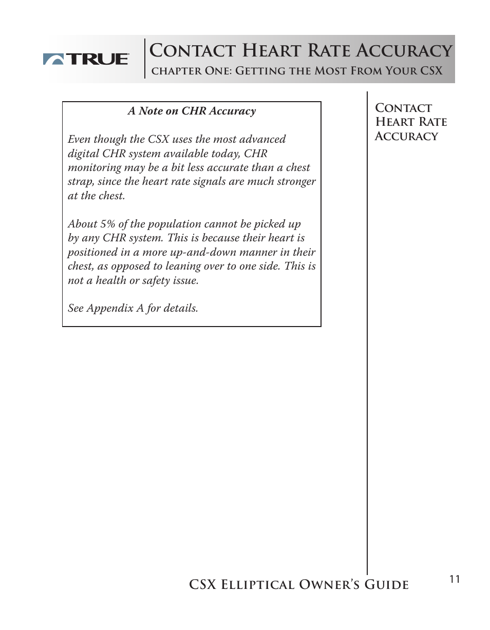 Contact heart rate accuracy | True Fitness CSX User Manual | Page 11 / 53