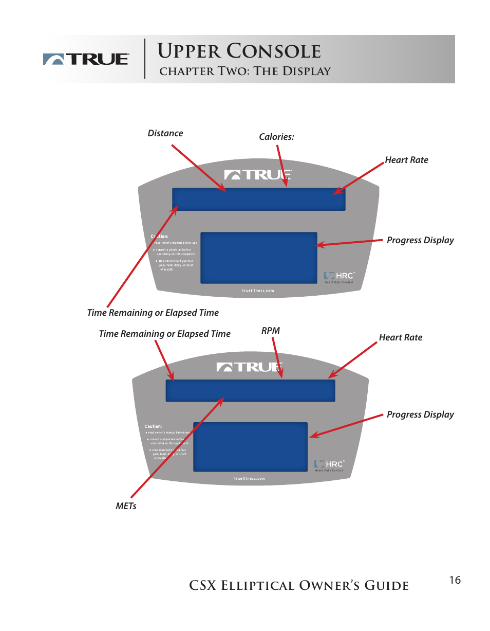 Upper console, Csx elliptical owner’s guide | True Fitness CSX User Manual | Page 16 / 53